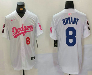 Men's Los Angeles Dodgers #8 Kobe Bryant Number White Pink With Patch Limited Stitched Jersey