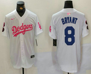 Men's Los Angeles Dodgers #8 Kobe Bryant White Pink With Patch Limited Stitched Jersey