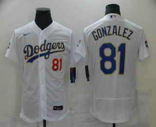 Men's Los Angeles Dodgers #81 Victor Gonzalez White Gold Champions Patch Stitched MLB Flex Base Nike Jersey