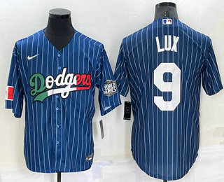 Men's Los Angeles Dodgers #9 Gavin Lux Navy Blue Pinstripe 2020 World Series Cool Base Nike Jersey