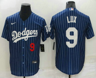 Men's Los Angeles Dodgers #9 Gavin Lux Navy Blue Pinstripe Stitched MLB Cool Base Nike Jersey