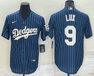 Men's Los Angeles Dodgers #9 Gavin Lux Navy Blue Pinstripe Stitched MLB Cool Base Nike Jersey