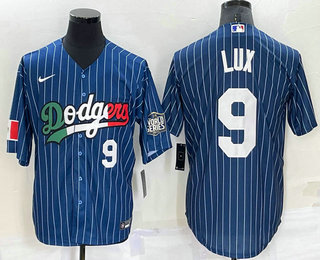 Men's Los Angeles Dodgers #9 Gavin Lux Number Navy Blue Pinstripe 2020 World Series Cool Base Nike Jersey 01