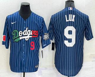 Men's Los Angeles Dodgers #9 Gavin Lux Number Navy Blue Pinstripe 2020 World Series Cool Base Nike Jersey