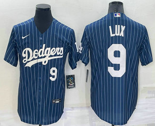 Men's Los Angeles Dodgers #9 Gavin Lux Number Navy Blue Pinstripe Stitched MLB Cool Base Nike Jersey