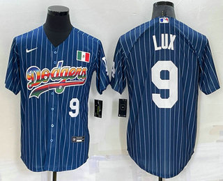 Men's Los Angeles Dodgers #9 Gavin Lux Number Rainbow Blue Red Pinstripe Mexico Cool Base Nike Jersey 01