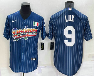 Men's Los Angeles Dodgers #9 Gavin Lux Rainbow Blue Red Pinstripe Mexico Cool Base Nike Jersey