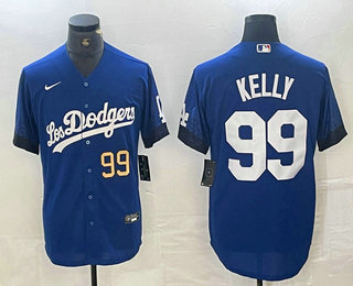 Men's Los Angeles Dodgers #99 Joe Kelly Number Blue 2021 City Connect Cool Base Stitched Jersey 01