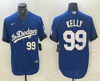 Men's Los Angeles Dodgers #99 Joe Kelly Number Blue 2021 City Connect Cool Base Stitched Jersey 02