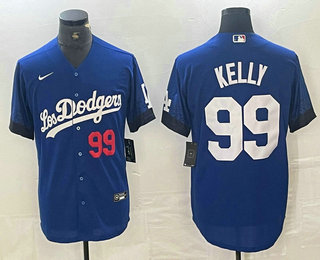 Men's Los Angeles Dodgers #99 Joe Kelly Number Blue 2021 City Connect Cool Base Stitched Jersey 03