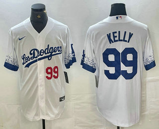 Men's Los Angeles Dodgers #99 Joe Kelly Number White 2021 City Connect Cool Base Stitched Jersey 01