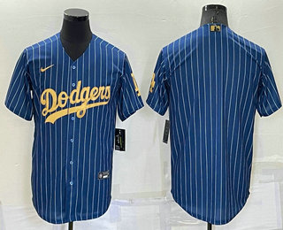 Men's Los Angeles Dodgers Blank Navy Blue Gold Pinstripe Stitched MLB Cool Base Nike Jersey