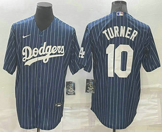 Men's Los Angeles Dodgers #10 Justin Turner Navy Blue Pinstripe Stitched MLB Cool Base Nike Jersey