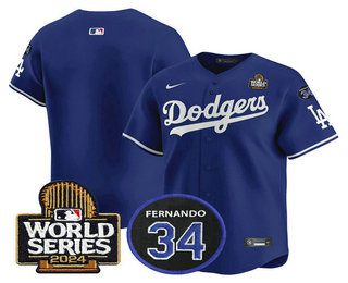 Men's Los Angeles Dodgers Blank Royal 2024 World Series With Fernando 34 Patch Limited Stitched Jersey