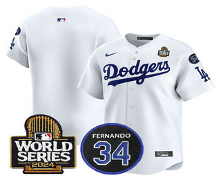 Men's Los Angeles Dodgers Blank White 2024 World Series With Fernando 34 Patch Limited Stitched Jersey