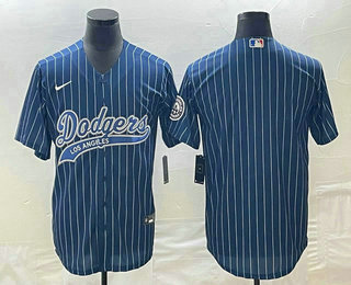 Men's Los Angeles Dodgers Blue Pinstripe Blank With Patch Cool Base Stitched Baseball Jersey 03