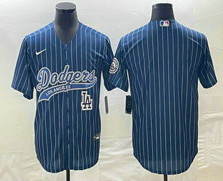 Men's Los Angeles Dodgers Blue Pinstripe Blank With Patch Cool Base Stitched Baseball Jersey 04