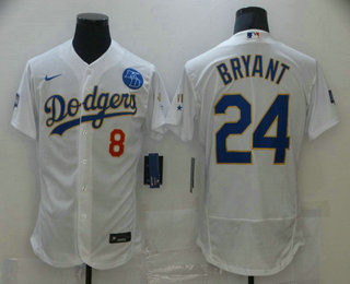 Men's Los Angeles Dodgers Front #8 Back #24 Kobe Bryant With KB Patch White Gold Championship Sttiched MLB Jersey