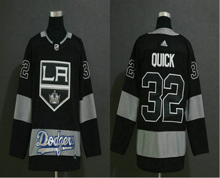 Men's Los Angeles Kings With Dodgers #32 Jonathan Quick Black Adidas Stitched NHL Fashion Jersey