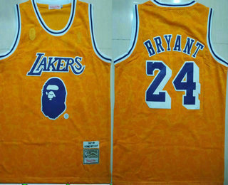 Men's Los Angeles Lakers  #24 Kobe Bryant Mitchell & Ness x BAPEYellow 1996-97 Hardwood Classics Jersey