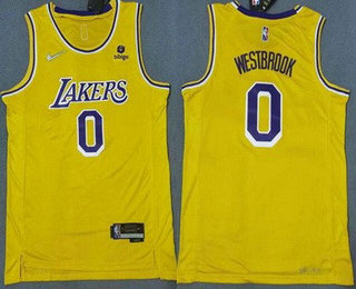 Men's Los Angeles Lakers #0 Russell Westbrook 75th Anniversary Diamond Gold 2021 Stitched Jersey With NEW Sponsor Logo