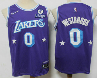 Men's Los Angeles Lakers #0 Russell Westbrook Purple Nike Diamond 2022 City Edition Swingman Stitched Jersey With Sponsor