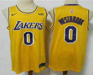 Men's Los Angeles Lakers #0 Russell Westbrook Yellow 2021 Nike Swingman Stitched NBA Jersey With Sponsor Logo