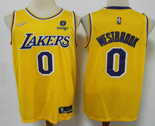 Men's Los Angeles Lakers #0 Russell Westbrook Yellow 75th Anniversary Diamond 2021 Stitched Jersey With Sponsor