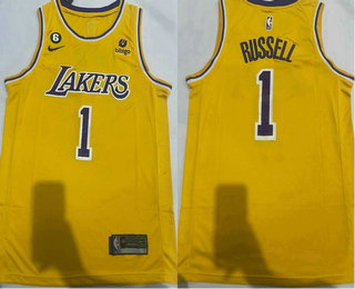 Men's Los Angeles Lakers #1 DAngelo Russell Yellow Edition With 6 Patch Stitched Basketball Jersey