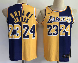 Men's Los Angeles Lakers #23 LeBron James #24 Kobe Bryant Yellow With Purple Two Tone Stitched Swingman Nike Jersey