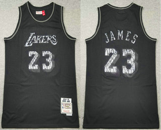 Men's Los Angeles Lakers #23 LeBron James Black Leather Snakeskin Hardwood Swingman Throwback Jersey