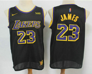 Men's Los Angeles Lakers #23 LeBron James Black Nike Swingman 2021 Earned Edition Stitched Jersey With NEW Sponsor Logo