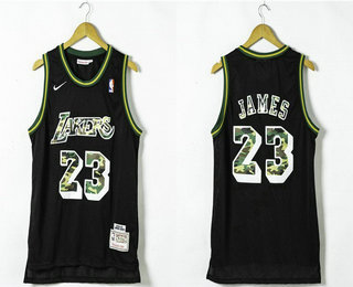 Men's Los Angeles Lakers #23 LeBron James Black With Camo Number Hardwood Classics Soul Swingman Throwback Nike Jersey