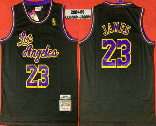 Men's Los Angeles Lakers #23 LeBron James Black With Purple 2008-09 Hardwood Classics Soul Swingman Throwback Jersey