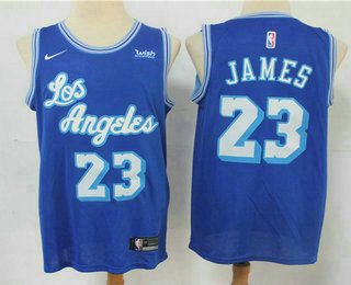 Men's Los Angeles Lakers #23 LeBron James Blue New Latin Nights 2021 Hardwood Classics Jersey With NEW Sponsor Logo