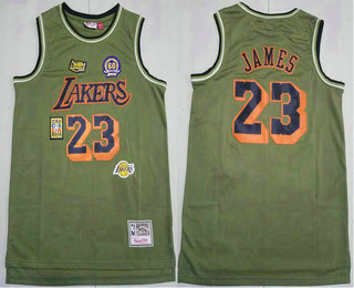 Men's Los Angeles Lakers #23 LeBron James Green Military Flight patchs Throwback Jersey