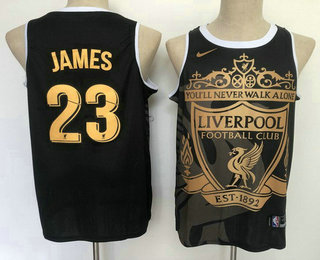 Men's Los Angeles Lakers #23 LeBron James Liverpool Black Golden Edition Nike Swingman Jersey