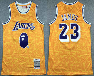 Men's Los Angeles Lakers #23 LeBron James Mitchell & Ness x BAPE Yellow Swingman Jersey