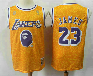 Men's Los Angeles Lakers #23 LeBron James Mitchell & Ness x BAPE Yellow Swingman Jersey