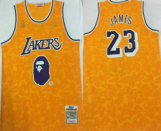 Men's Los Angeles Lakers #23 LeBron James Mitchell & Ness x BAPEYellow 1996-97 Hardwood Classics Jersey