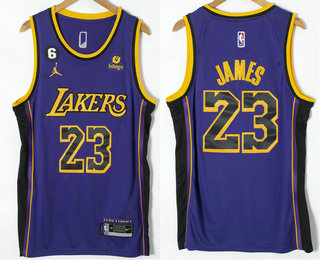 Men's Los Angeles Lakers #23 LeBron James Purple Jordan 6 Patch 2021 Stitched Jersey With Sponsor