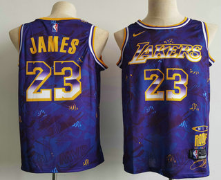 Men's Los Angeles Lakers #23 LeBron James Purple MVP Rookie of the Year Stitched Jersey