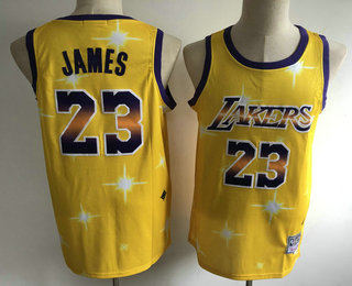 Men's Los Angeles Lakers #23 LeBron James Starry Yellow Hardwood Classics Soul Swingman Throwback Jersey