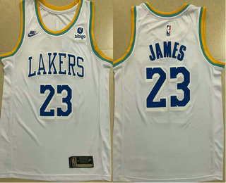 Men's Los Angeles Lakers #23 LeBron James White 2022 Nike Swingman Throwback Stitched Jersey With Sponsor