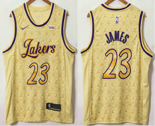 Men's Los Angeles Lakers #23 LeBron James Yellow 2021 Nike Swingman Stitched NBA Fashion Jersey With NEW Sponsor Logo