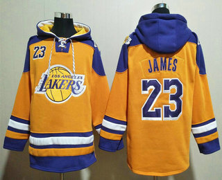 Men's Los Angeles Lakers #23 LeBron James Yellow Ageless Must Have Lace Up Pullover Hoodie