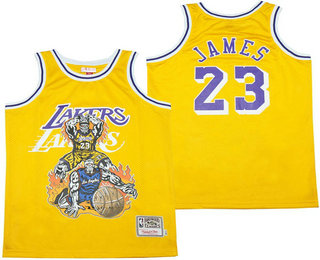 Men's Los Angeles Lakers #23 LeBron James Yellow Champions Hardwood Classics Skull Edition Jersey 02