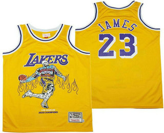 Men's Los Angeles Lakers #23 LeBron James Yellow Champions Hardwood Classics Skull Edition Jersey