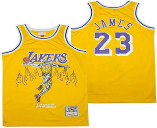 Men's Los Angeles Lakers #23 LeBron James Yellow Hardwood Classics Skull Edition Jersey 01