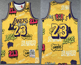 Men's Los Angeles Lakers #23 LeBron James Yellow Doodle Fashion Swingman Jersey